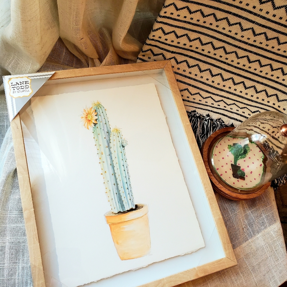 Flowering Southwestern Dessert Cactus Framed Art Work Drawing & Glass Dome Stand